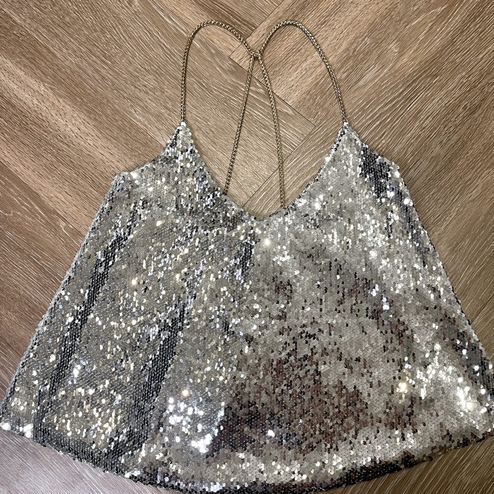 Statement Silver Sequin Cami With Gold Hardware S… - image 1